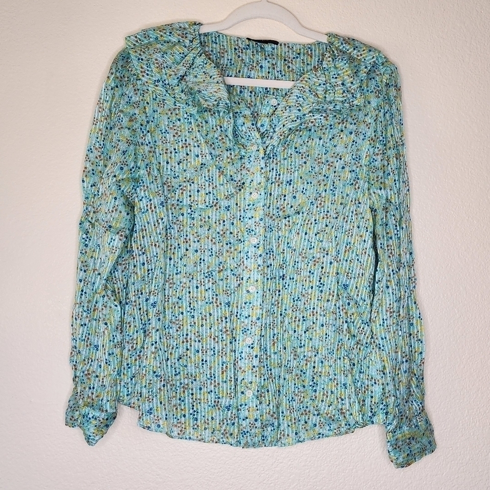 J. Crew Aqua Floral Field Day Print Ruffle Blouse L - Picture 3 of 9